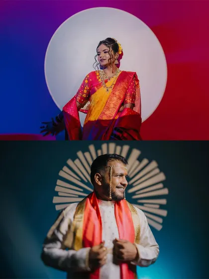Creative portraits of the bride and groom using dramatic spotlighting against red and blue backgrounds for a modern, artistic touch.
