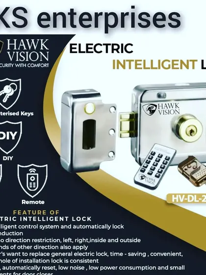 This Hawk Vision electric intelligent lock can be controlled with a remote, offering convenient access. It's a robust and reliable lock that can be fitted to various types of doors for enhanced security.