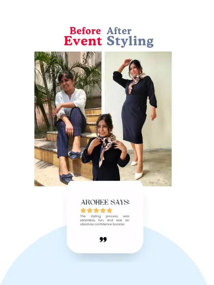 A beautiful before-and-after for event styling. Arohee's testimonial highlights how the process was seamless, fun, and an absolute confidence booster.