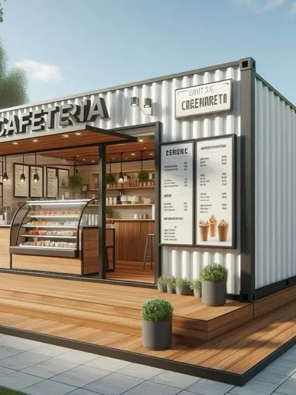This container cafeteria design features a clean, modern look with a wooden deck. The large display case and clear menu board are designed for efficient customer service.