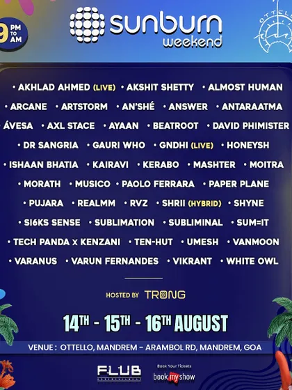 The full artist lineup for the Sunburn Weekend event in Goa. Seeing my name among so many talented artists is a reminder of how vibrant our scene is.