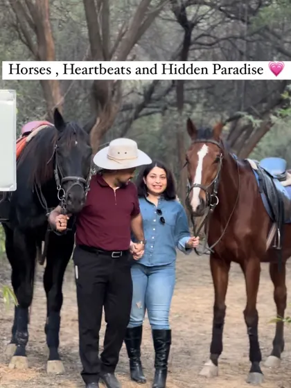 Two horses for two people. This image captures a couple sharing a quiet moment with their equine companions before heading out on their private trail adventure.