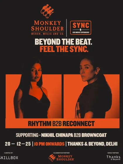 A poster focusing on the supporting B2B set by Rhythm and Reconnect for the SYNC event in Delhi.