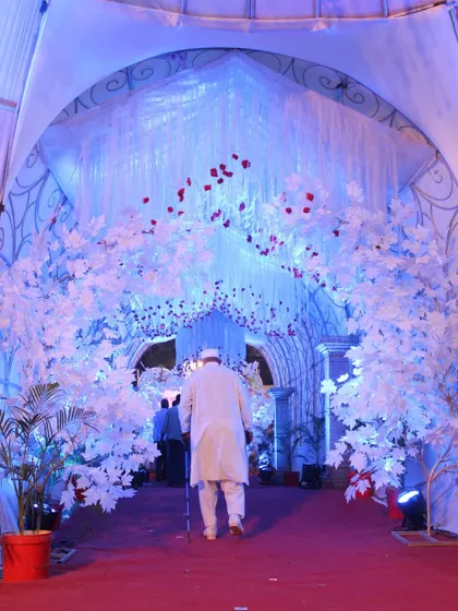 An ethereal entranceway with white trees and blue lighting, creating a magical path for guests to walk through.