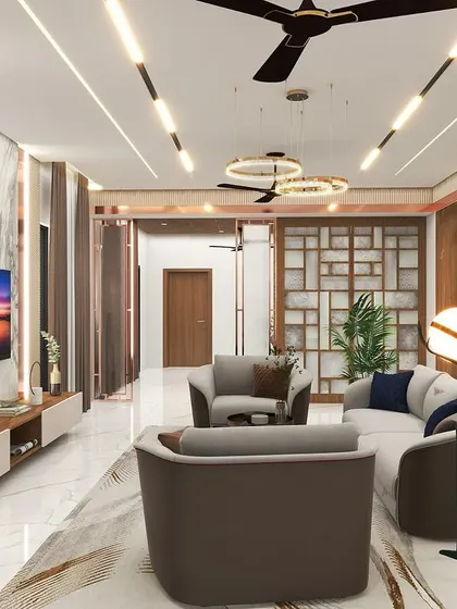 This 3D visualization presents an open-concept living area with a modern aesthetic. The design uses architectural arches and a mix of textures, including marble and wood, to create distinct zones within the large space.