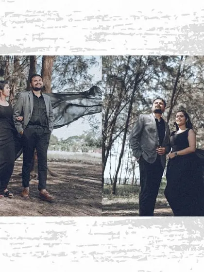 A panoramic collage of the couple in a forest setting in Goa, showcasing the dramatic effect of the bride's flowing black gown.