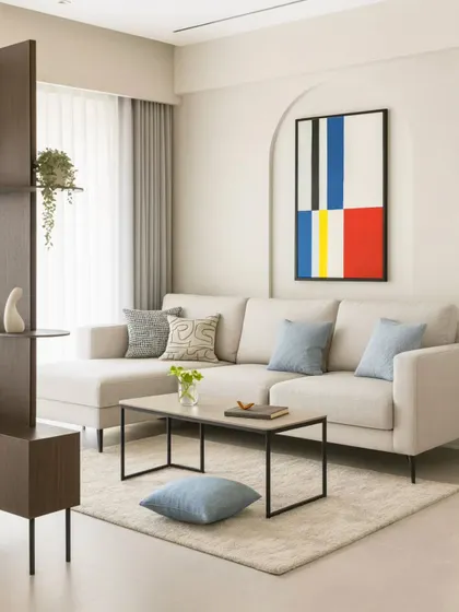 Even a pastel-themed room can have a strong personality. In this living area, a modern abstract painting with primary colors provides a striking focal point, proving that a little splash of boldness can make a soft space pop.