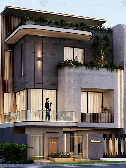 A modern home in Noida on a 240 sq. yard plot. The design features a distinctive curved roofline and a balanced composition of grey stone and wood textures.