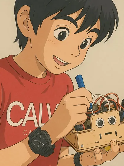 We love the focus and care shown in this Ghibli-style illustration. A student carefully working on the electronics of their wheeled robot, bringing it to life.