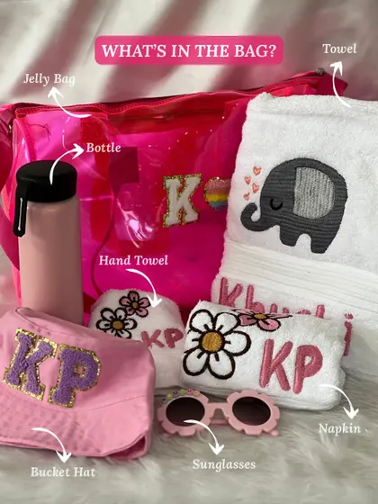 What's in the bag? This graphic breaks down the contents of our popular kids' swim hamper. It includes a personalized jelly bag, bucket hat, sunglasses, and custom embroidered towels.