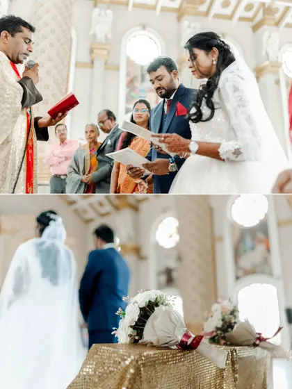 A collage of the wedding vows, showing the couple reading from the holy book and a shot of the bride's beautiful veil from behind.