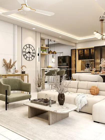 A bright and modern open-plan living area with a neutral sofa, a marble-top coffee table, and a clear view of the dining and kitchen spaces.