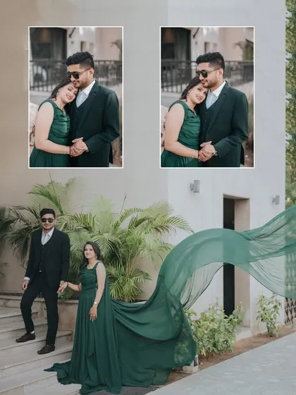 A collage from a modern and elegant shoot, featuring a couple in coordinating green and black formal wear.