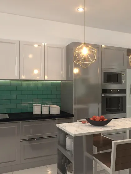 A 3D render of a kitchen with grey cabinets, a green subway tile backsplash, and a marble-topped island, showcasing a unique and stylish color combination.