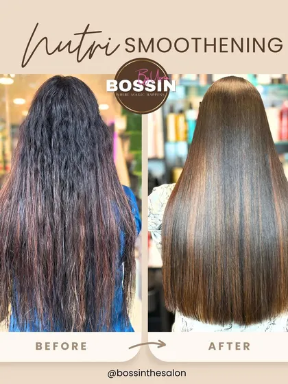 This before and after of our Nutri-Smoothening treatment shows the transformation from frizzy to frizz-free. The result is a glossy, healthy-looking shine and a silky smooth texture.