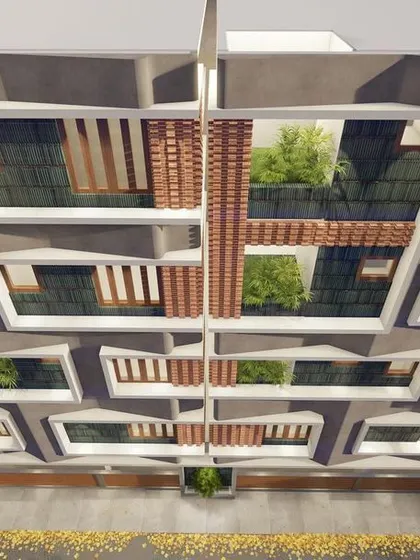 A top-down view of 'The Concrete Veil' render, revealing the geometric complexity of the facade and the layout of private green spaces within the apartment units.