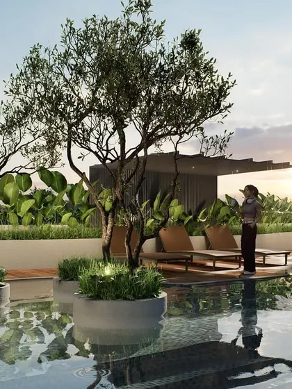 A serene poolside setting where planters with olive trees appear to float in the water. This design for a residential complex uses the reflective quality of water to enhance the sense of tranquility, creating a resort-like escape for residents.