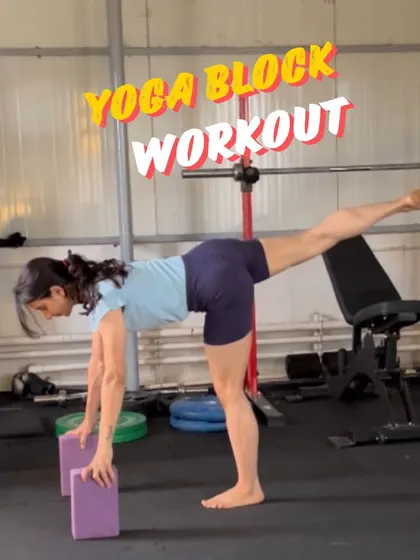 A yoga block workout in action. This single-leg RDL uses blocks to ensure proper depth and alignment, making the exercise more effective.