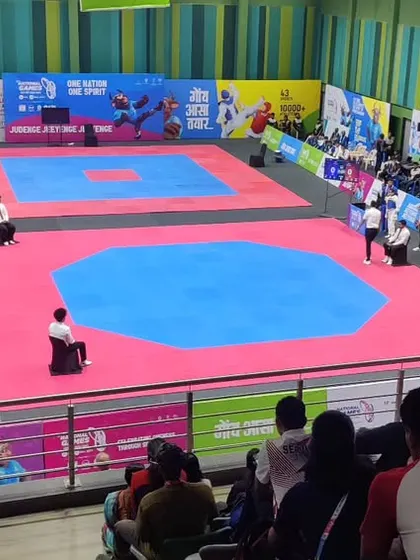 The impressive setup of the Taekwondo arena at the 37th National Games in Goa. Competing in such a professional environment is an incredible experience for our athletes.