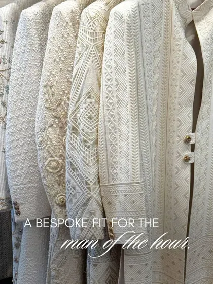A collection of our ivory and off-white sherwanis and bandhgalas. These garments are a perfect fit for the man of the hour, designed with intricate textures and embroideries for a regal presence.