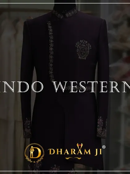 A graphic for my "INDO WESTERN" collection, featuring a deep purple asymmetrical outfit with intricate embroidery.