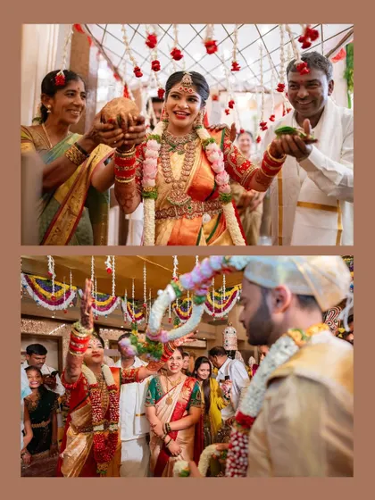 A collage showing the bride's grand entrance and the beautiful rituals of her wedding day.