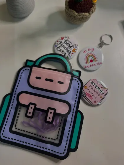 Here's a look at my Teacher's Day items packed in a cute, backpack-shaped pouch. It’s a unique way to present smaller gifts like badges and keychains.