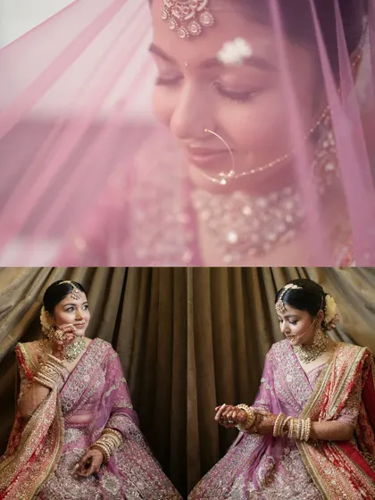 A collage of the bride's getting-ready moments, from a soft, dreamy shot through her veil to her final, poised portraits.
