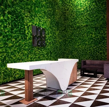 This view shows the reception desk in front of the full moss wall. The contrast between the sleek, modern desk and the natural, organic texture of the moss creates a dynamic and welcoming entryway.