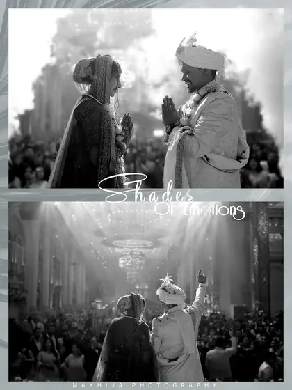 A dramatic black and white collage capturing the solemnity and grandeur of the wedding rituals. The light beams and the large crowd create a powerful, cinematic feel.