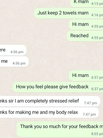 This is a client's feedback after a home service session. My main goal is to provide complete stress relief and help you and your body relax after a long day.