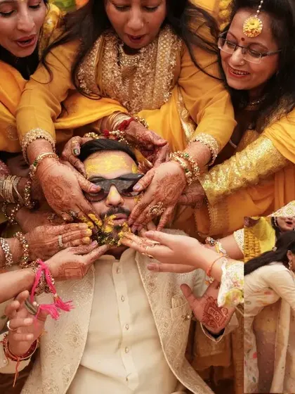 A collage showing the groom being lovingly covered in Haldi by the women of the family.