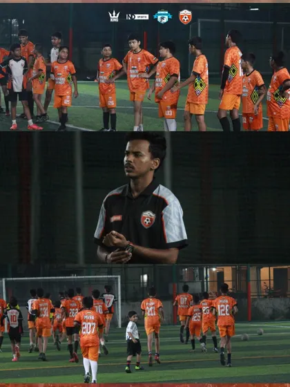 A collage showing a coach observing and instructing his team. They are the watchful eyes shaping our future stars.