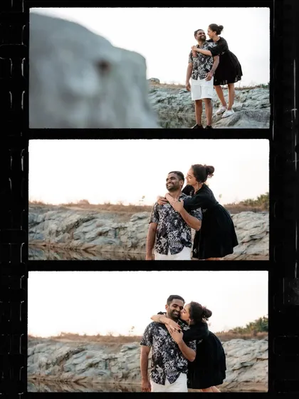 Duplicate of image 444, showing candid moments from the couple's lakeside shoot.