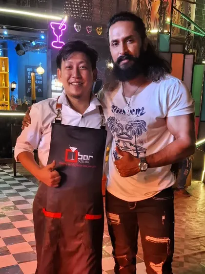 When Sandalwood meets Bar Square. One of our talented bartenders, Puzan, with actor Chetan Kumar during his visit to our venue.