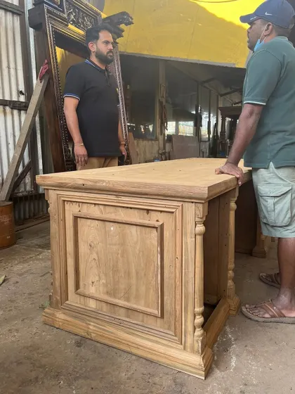 From raw wood to a statement piece. This solid wood desk is in its final stages of assembly in our workshop, showcasing its classic detailing and sturdy construction before it heads to its new home.