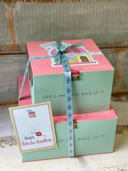 My signature pink and green boxes, all dressed up for Raksha Bandhan. The packaging is part of the gift, designed to make the unboxing experience special.