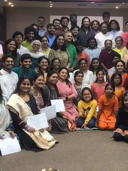 A happy group photo at the end of the workshop with Ustad Shahid Parvez Khan. Everyone left inspired and with a deeper understanding of the music.