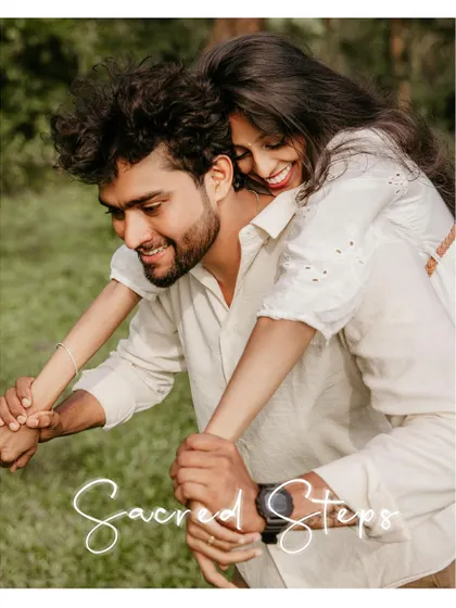 A joyful piggyback ride captured in a warm, sunny field, captioned "Sacred Steps."