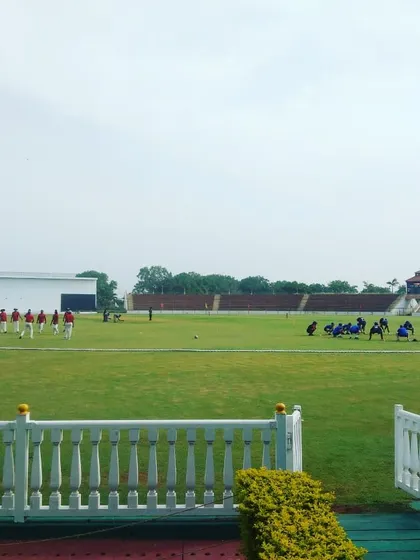 Our players lined up on the field, ready for action. Experiencing a match day in a large stadium is a vital part of our advanced cricket coaching curriculum.