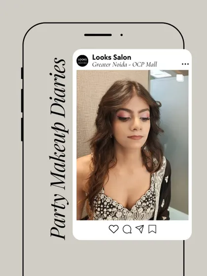 A closer look at the pink-toned party makeup. The color is concentrated on the lid for a modern effect, while the rest of the face is kept fresh and dewy.