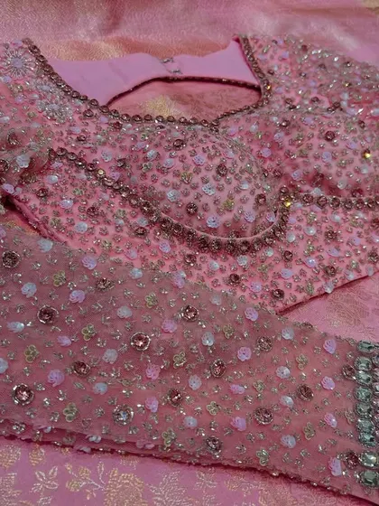 This collection showcases a variety of my custom blouse designs, from pastel engagement pieces to rich Kanjivaram pairings. Each one is uniquely crafted with different handwork techniques, fabrics, and cuts to match my client's vision.