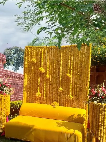A simple yet elegant Haldi seating area in a garden. The backdrop is made entirely of marigold strings, creating a vibrant wall of yellow that is perfect for the occasion.