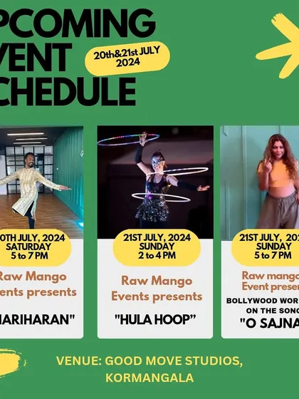 Our schedule for mid-July, with workshops in Kathak fusion, Hula Hoop, and Bollywood. We love offering a diverse range of activities.