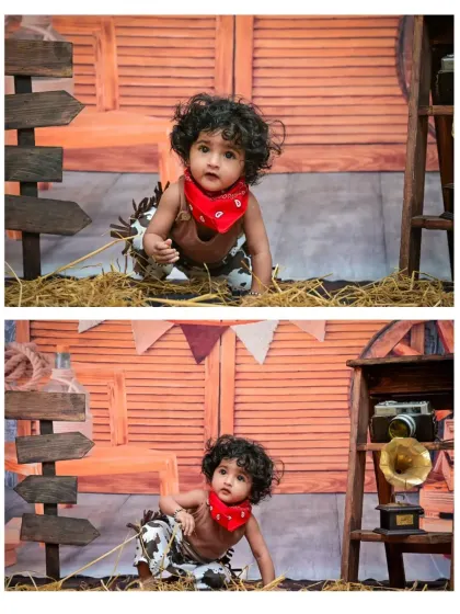 This collage from the 'Cowboy' shoot captures the baby boy crawling through the hay and interacting with the rustic set, showing his adventurous spirit.