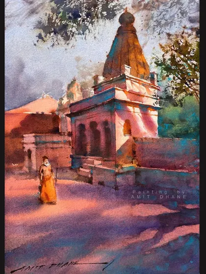 An online landscape demonstration of a temple scene. The strong contrast between the sunlit temple and the cool shadows creates a dramatic effect.