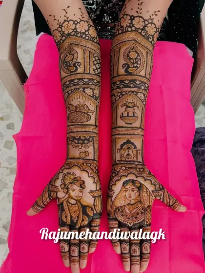 This design features portraits of the bride and groom on the palms, with auspicious symbols and traditional patterns covering the arms.