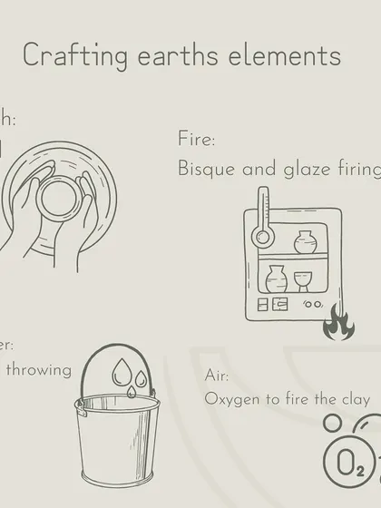 We see pottery as a craft that combines all of earth's elements: Earth (mud), Water (for throwing), Air (oxygen for the fire), and Fire (the kiln).