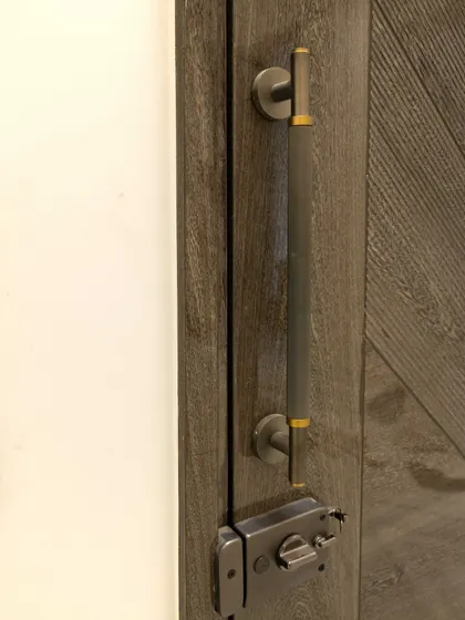 A close-up of a Sucupira dyed grey veneer door, showing the beautiful grain and the elegant door handle.