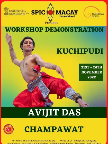 An announcement for my workshop and demonstration series for SPIC MACAY in Champawat, Uttarakhand, aimed at sharing Kuchipudi with school children.